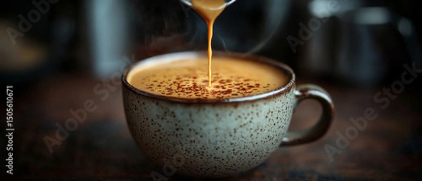Obraz High-End Cappuccino with Latte Art in Ceramic Cup on Wooden Table in Cozy Cafe Setting, Warm Light and Minimal Background, Photorealistic Food Photography