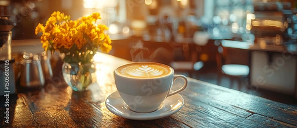 Obraz High-End Cappuccino with Latte Art in Ceramic Cup on Wooden Table in Cozy Cafe Setting, Warm Light and Minimal Background, Photorealistic Food Photography