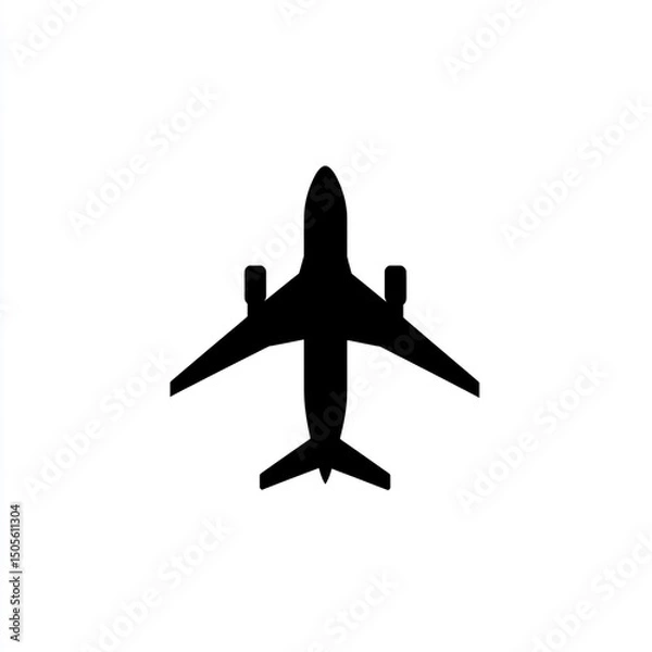 Fototapeta Black vector icon of an airplane on a white background, simple design, flat style