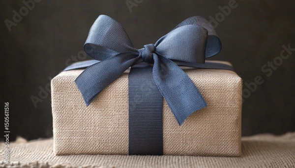 Fototapeta Close-up of an elegant gift box wrapped in burlap and tied with a blue ribbon, with the sun setting behind it