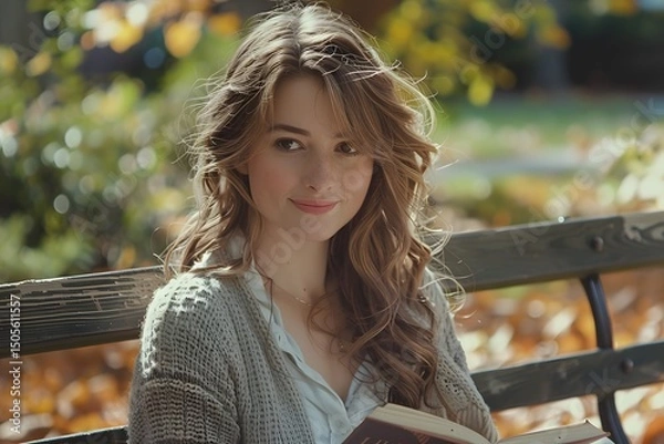 Fototapeta A young woman with long, wavy hair sits on a park bench, immersed in a book. The backdrop features vibrant autumn leaves and sunlight filtering through trees, creating a peaceful atmosphere