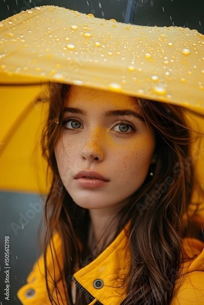 Fototapeta A young woman stands in the rain, holding a bright yellow umbrella. She has long brown hair and freckles, with her serious expression conveying the ambiance of a rainy urban environment