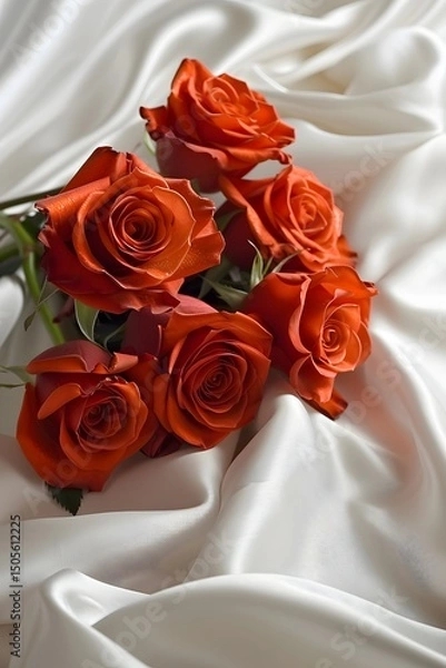 Fototapeta A bouquet of vibrant orange roses is elegantly placed on luxurious white fabric. The soft texture complements the vivid colors, creating a perfect setting for celebration or gifting