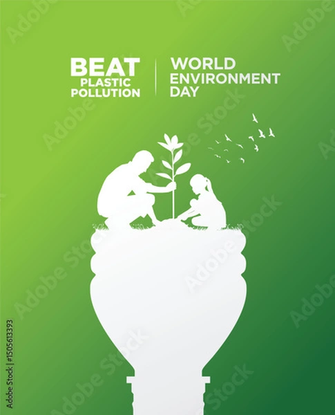 Fototapeta #BeatPlasticPollution, World Environment day concept 2025 3d tree background. 