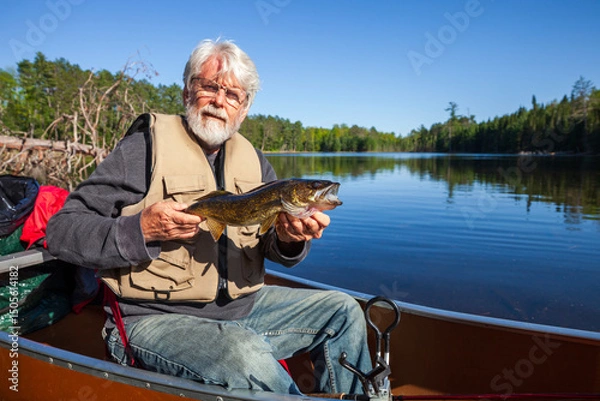 Obraz Senior fisherman in a canoe holds up a nice walleye on a northern Minnesota lake during spring
