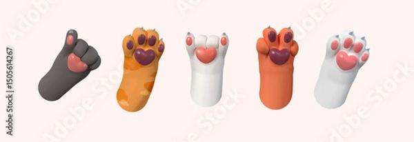 Fototapeta Cat paws with hearts, different gestures. In 3D style. Vector illustration. Vector illustration
