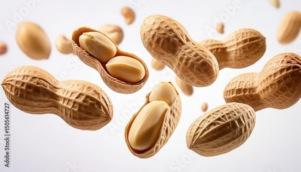 Fototapeta peanuts floating isolated on white or white background