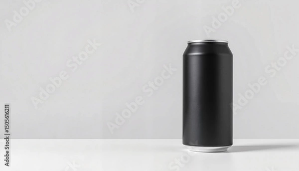 Fototapeta Black beverage can on a white surface in minimalist style  