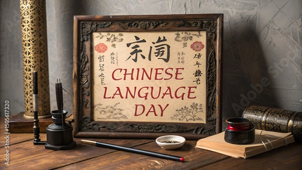 Fototapeta chinese calligraphy of calligraphy of calligraphy,Celebrating International Chinese Language Day, buddhist temple in bangkok thailand