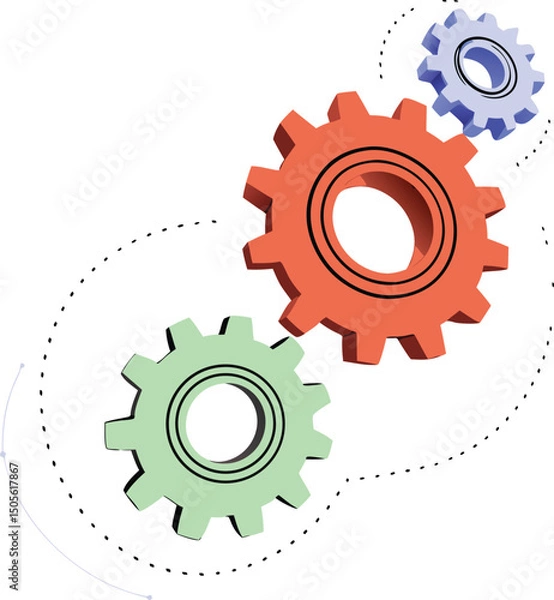 Fototapeta Colorful 3d gears interlocking design illustrating collaboration and technological process