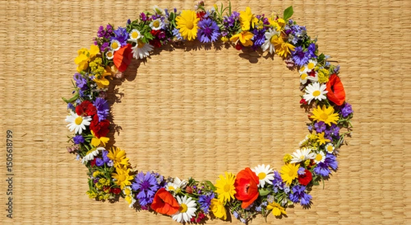 Obraz Vibrant summer wildflower wreath with poppies, daisies & cornflowers on rustic straw mat. Colorful floral frame for festive greetings, Midsummer celebration, nature design. Top view, copy space.