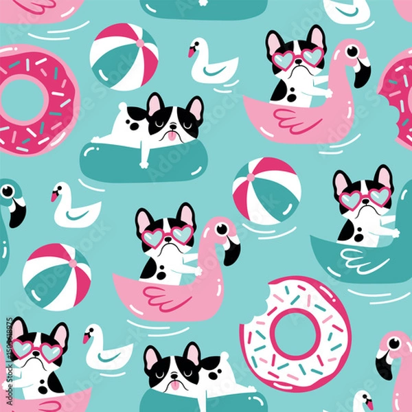 Obraz Seamless vector pattern with cute dog and pool float. Hand drawn summer swimming dog background. Perfect for textile, wallpaper or print design. EPS 10 vector file.