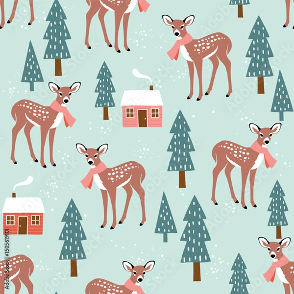 Obraz Seamless vector pattern with snowy winter forest and deer. Hand drawn pine trees and cute winter fawn. Perfect for textile, wallpaper or print design. EPS 10 vector file.