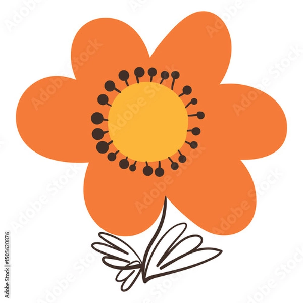 Fototapeta Flower with Simple Brush Line Decorations. Colorful plant with cute line sketches of leaves isolated on white background. Nature herb perfect for invitations, cards, posters, holidays
