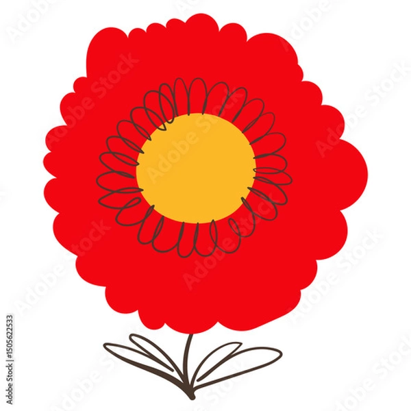 Fototapeta Doodle Red Flower with Simple Brush Line Decorations. Vibrant red plant with cute line sketches of branches isolated on white background. Nature herb perfect for invitations, cards, posters, holidays