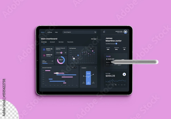 Fototapeta Tablet Screen Mockup With Stylus Pencil Isolated