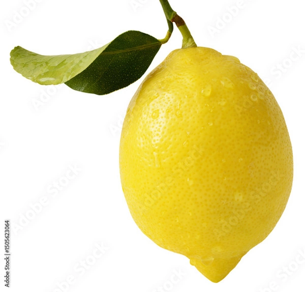 Obraz Large whole yellow lemon with water droplets on a branch with a leaf
