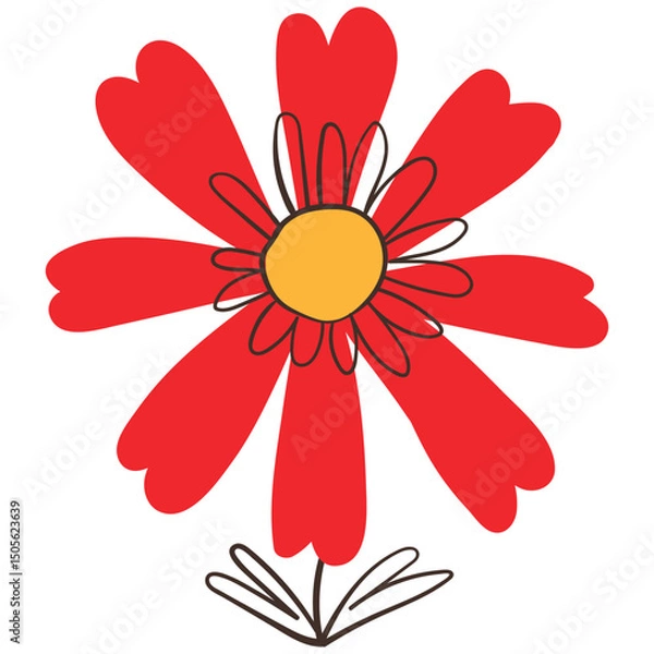 Fototapeta Cute Red Daisy Flower with Simple Brush Line Decorations. Colorful plant with cute line sketches of branches isolated on white background. Nature herb perfect for invitations, cards, posters, holidays