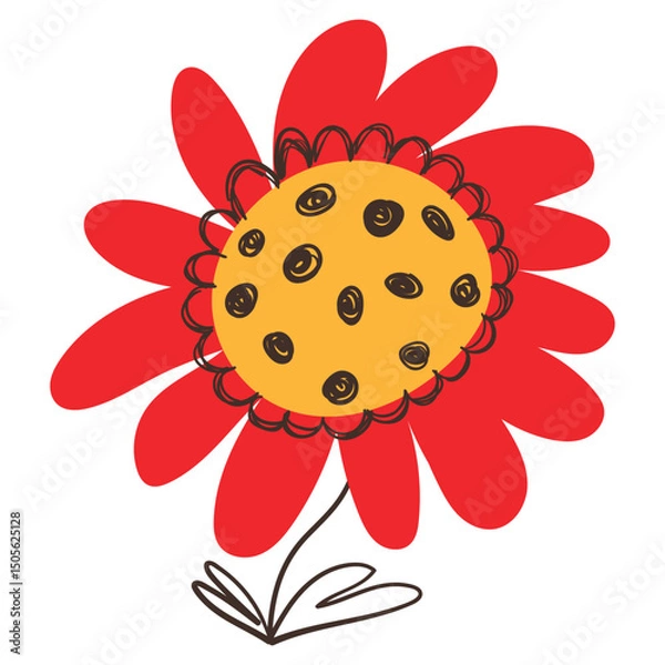 Fototapeta Cute Red Flower with Simple Brush Line Decorations. Cartoon plant with line sketches of branches isolated on white background. Nature herb perfect for invitations, cards, posters, holidays