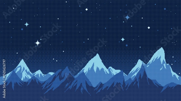 Fototapeta Mountains and pine forest pixel art landscape. Cold snowy night scenery.  8 bit. Game development, mobile app. Isolated vector illustration.