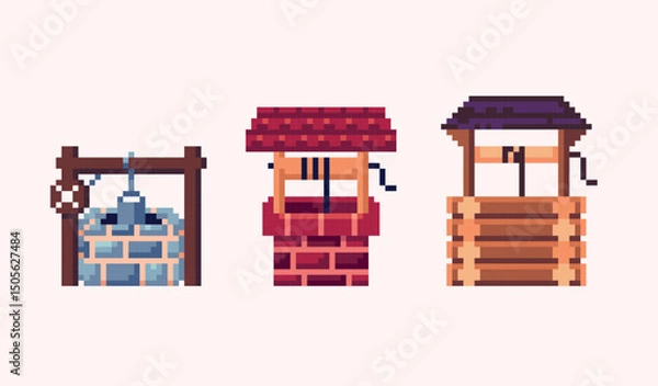 Fototapeta Water well pixel art set. 8 bit. Game development, mobile app. Isolated vector illustration.