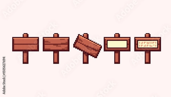 Fototapeta Wooden signs, guidepost pixel art set. Rustic timber road pointer collection. 8 bit sprite. Game development, mobile app. Isolated vector illustration.