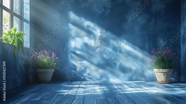 Obraz 青い部屋に差し込む朝の光と鉢植えの花