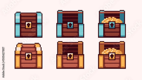 Fototapeta Wooden and golden chest pixel art set. Treasure box collection. 8 bit sprite. Game development, mobile app. Isolated vector illustration.