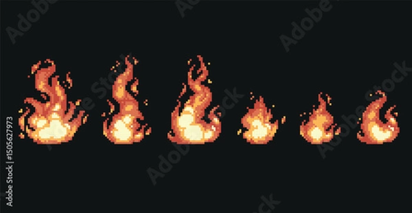 Fototapeta Fire and flames pixel art icon set. Flare sparkles, ignitions logo collection. 8-bit sprite. Game development, mobile app. Isolated vector illustration.