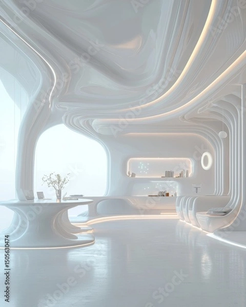 Fototapeta Workspace with Floating Holographic Interfaces and Minimalist Design.This artwork portrays a futuristic workspace featuring floating holographic interfaces and minimalist design.