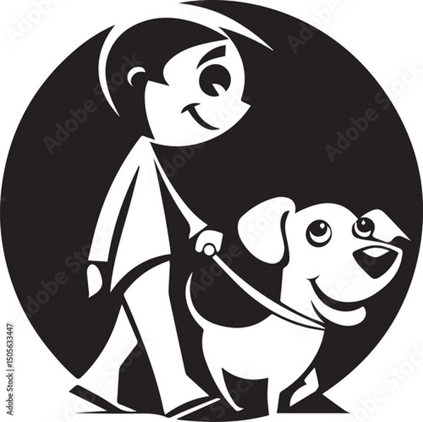 Fototapeta Cute cartoon-style silhouette of a child joyfully walking a smiling dog. Perfect for kid-friendly pet brands, dog daycare centers, and educational content.