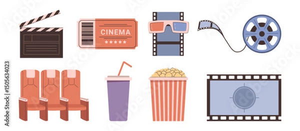 Obraz Cinema icons set. Vector isolated popcorn box package and big movie reel, clapper and ticket, 3d glasses and chairs, film strip and drinking. Cinematography and recreation, leisure time