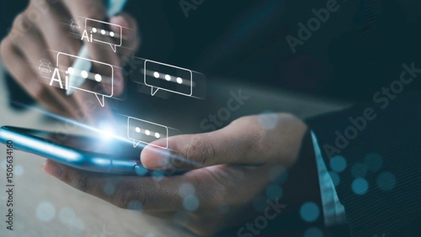 Fototapeta Hand holding smartphone with AI chatbot message icons, representing artificial intelligence, digital communication, and modern technology.