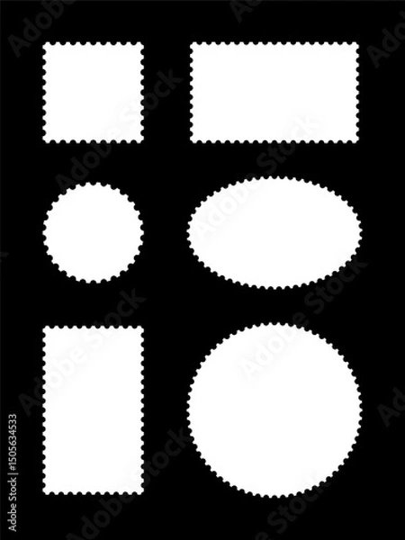 Fototapeta Set of postage vintage stamps template frames. Empty flat borders, backdrops for postcards, letter. Blank circle, rectangle. Tag icons, labels, coupons, boxes with curvy, wiggly, wavy perforated edges