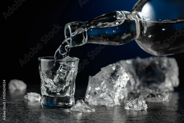 Obraz Crystal clear vodka or gin being poured into a glass.