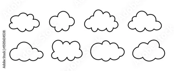 Obraz Doodle fluffy clouds. Outline clouds. Puffy, cumulus clouds. Cloudy forms in black thin contour. Weather element simple templates. Objects cloudscape. Hand drawn black graphic.