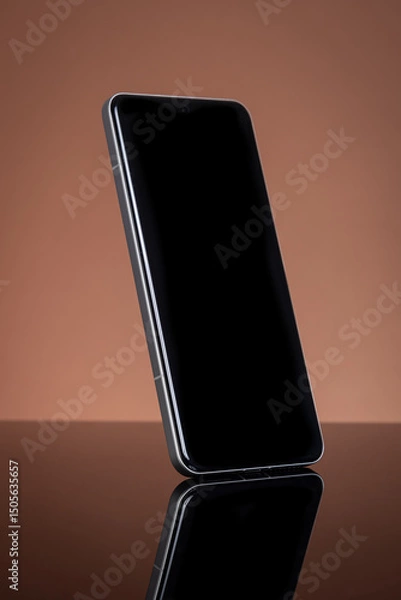 Fototapeta Modern Smartphone with Blank Black Screen for Mockup, Sleek Design, Reflecting on Glossy Surface. Tech Concept on Brown Background.