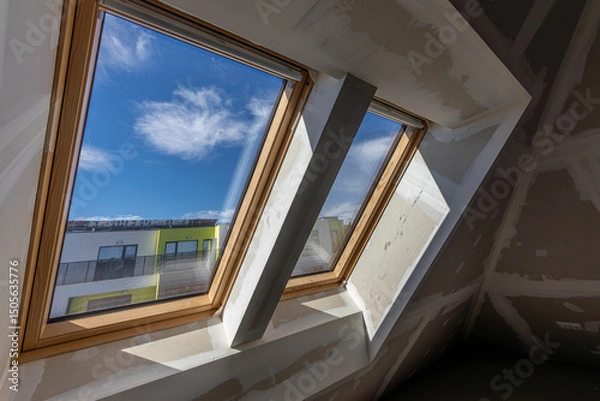 Fototapeta Two large skylight windows with wooden frames in an unfinished attic space under construction. Natural light enters the room, highlighting the drywall and modern architectural design...