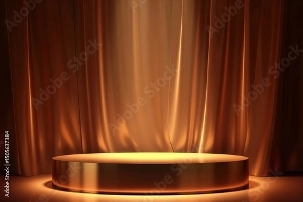 Obraz Golden podium with soft curtain background and dramatic lighting. Luxury stage concept.

