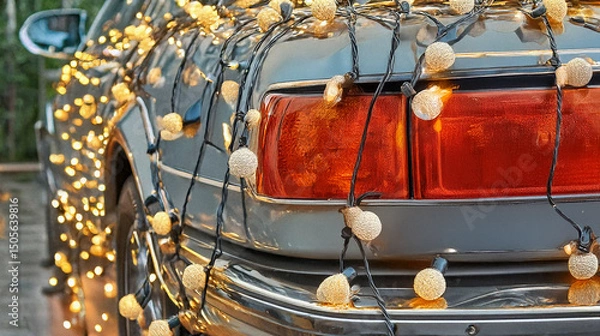 Fototapeta A car decorated with golden string lights, emphasizing festive atmosphere.