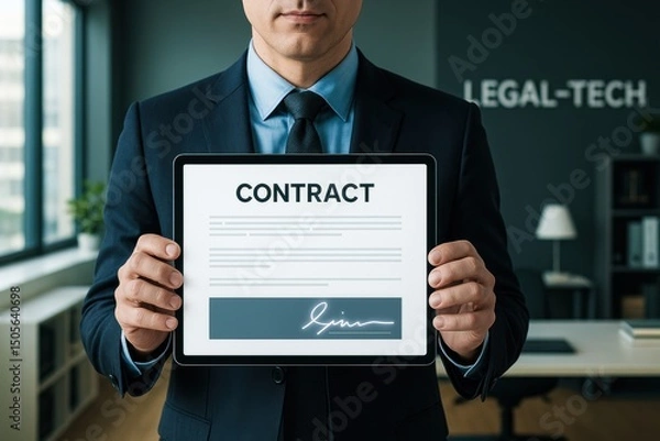 Obraz A professional demonstrates strategic decision-making by digitally signing a contract using innovative legal technology to enhance business efficiency