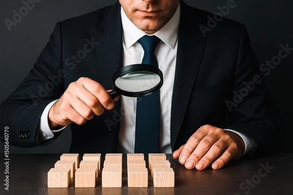 Obraz A business professional carefully examines a strategic arrangement wooden blocks emphasizing decision-making and analytical insight for organizational growth
