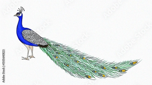 Fototapeta A peacock with a long, green tail featuring eye-like patterns, standing on two legs, with a blue neck and a crest on its head.