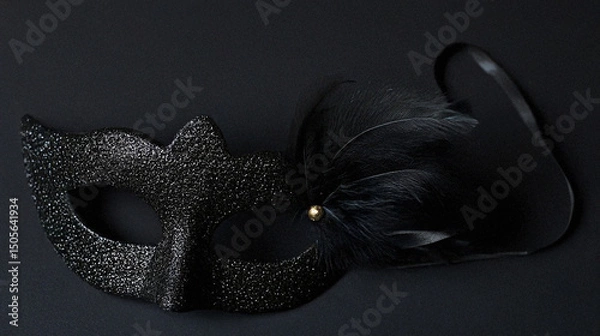 Fototapeta A black mask with glitter and feathers, featuring a cat-like design.