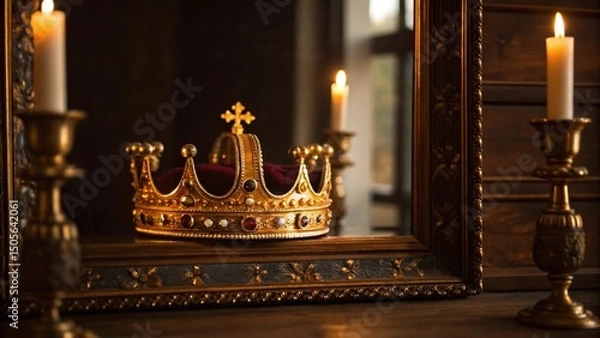 Fototapeta A "magnificent golden crown, adorned with red and clear gemstones, is placed on a highly polished, ornate wooden or gilded surface that reflects its splendor"