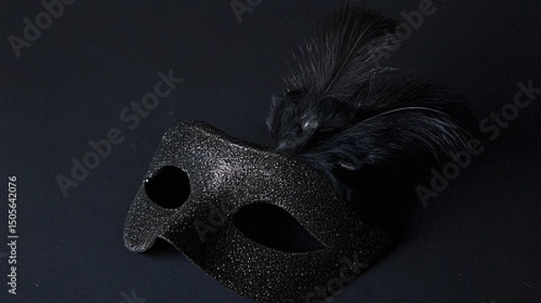Fototapeta A black, glittery Venetian mask with feathers, designed for masquerade events.