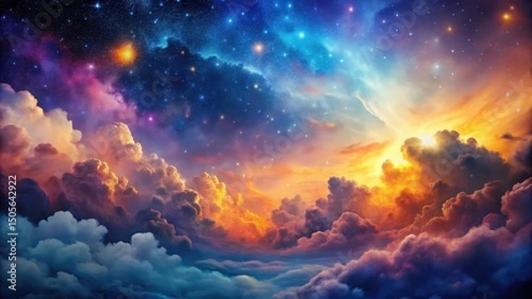 Fototapeta dreamy, swirling clouds in vibrant colors, blending with a starry night sky background, cosmic, abstract,  cosmic
