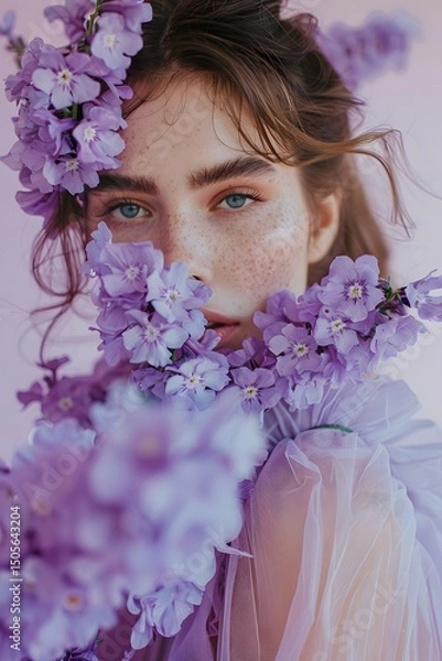 Fototapeta A young woman with striking blue eyes is surrounded by vibrant purple flowers. Her hair is adorned with blossoms, and the pastel background enhances her stunning features
