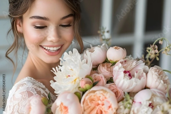 Fototapeta A joyful bride is seen embracing an elegant bouquet filled with pink and white peonies and roses. Her radiant smile and sophisticated attire complement the floral arrangement in a softly lit space