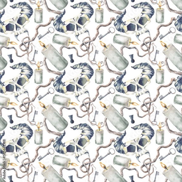 Fototapeta Seamless pattern with a horned skull, candles, a key, and crooked tree branches on a white background. Watercolor mystical illustration. Creepy Halloween theme template.